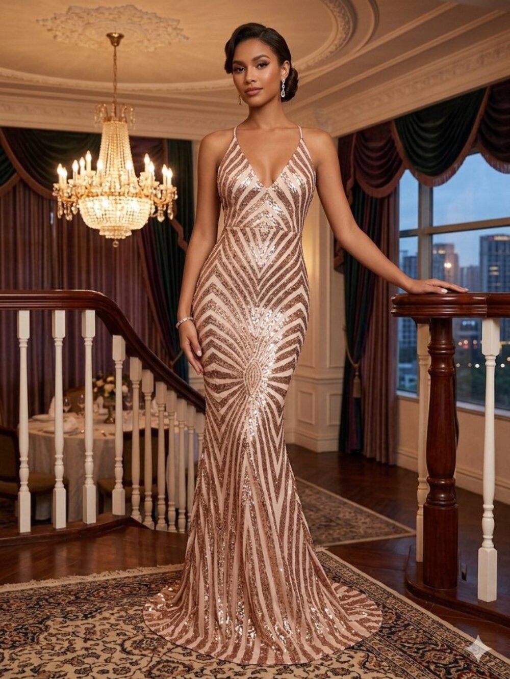 Boutique Women Size Medium Rose Gold Sequin Mermaid Sunburst Striped Strap Gown